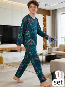 2pcs Tween Boy Video Game Print Pajama Set - Long Pants & Long Sleeve Top - Dark Green - View 3