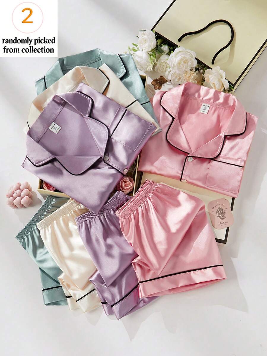 Tween Girls Pajamas-2 Pieces Pajama Set Satin Piped Trim Long Sleeve Button Front Pajama Top And Elastic Waist Long Pants Pastel Pink Lavender Mint Cream Nightwear Loungewear All Season 2026 Holiday Gift Classic Chic Comfortable Essential