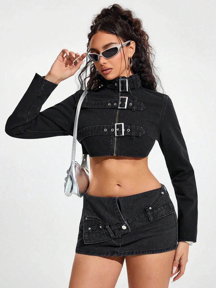 Jeanoix Áo khoác denim nữ màu trơn cổ đứng cài cúc phía trước tay ngắn hoặc dài. - màu đen - Xem 1