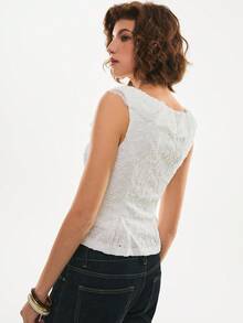 Poéselle Women's White Knitted Square Neck Tank Top With Ruffle Detail And Plant Pattern For Casual Wear - White - View 6