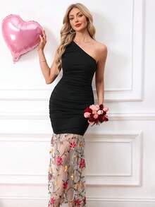 Ellevyn 1件装女士黑色针织网眼拼接无袖紧身连衣裙，适合生日、夏季、毕业等场合，也可作为度假服装或黑色正式连衣裙穿着。 - 黑色 - 查看 13