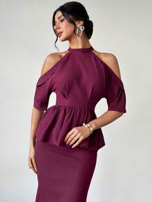 Firerie Elegant, Refined, Dignified, Romantic, Fashion, Commute, Urban, Modern, Vacation, Date, Party, Music Festival, Birthday Gathering, Halter Neck, Cold Shoulder, Draped, Cinched Waist, X-Shaped, Eggplant Purple Blouse - Red Violet - View 4