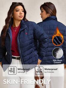Zelara Plus Size Women's Quilted Zip-Up Down Coat,Winter Casual Hiking Navy Puffer Jacket 50% Plush Two-Way Zipper Water Repellent Printed Warm Outerwear - Navy Blue - View 1
