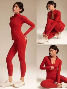 GLOWMODE 24" FeatherFit™ Slay The Day Buttery-Soft High-Rise Crossover Waist Y-Shaped Butt Side Pockets Slim Fit Jacket & Leggings Set Low Impact Yoga Studio Daily Casual Wear - Red - View 9
