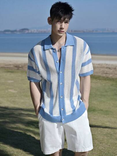 DAZY Men's Solid Color Blue And White Striped Knit Sweater, Summer