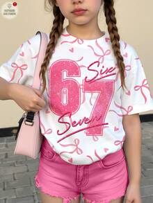 Áo thun nữ tuổi teen phong cách tối giản, in số 67 và nơ hồng, kiểu dáng ngọt ngào như giày ba lê, màu kem hồng, tay ngắn, cổ tròn, thích hợp cho mùa hè, áo thun in hình, áo đen, áo thun cổ tròn tay ngắn in hình phong cách thường ngày cho nữ tuổi teen, áo thun cho nữ tuổi teen, phong cách Y2K, áo kiểu, áo đen, quần áo Y2K, phong cách mới mùa thu, không khí nghỉ dưỡng, thoải mái, ngày lễ tình nhân, màu hồng, áo đi nghỉ mát, áo đính sequin, áo lấp lánh, áo lấp lánh, kỳ nghỉ - Nhiều màu - Xem 1