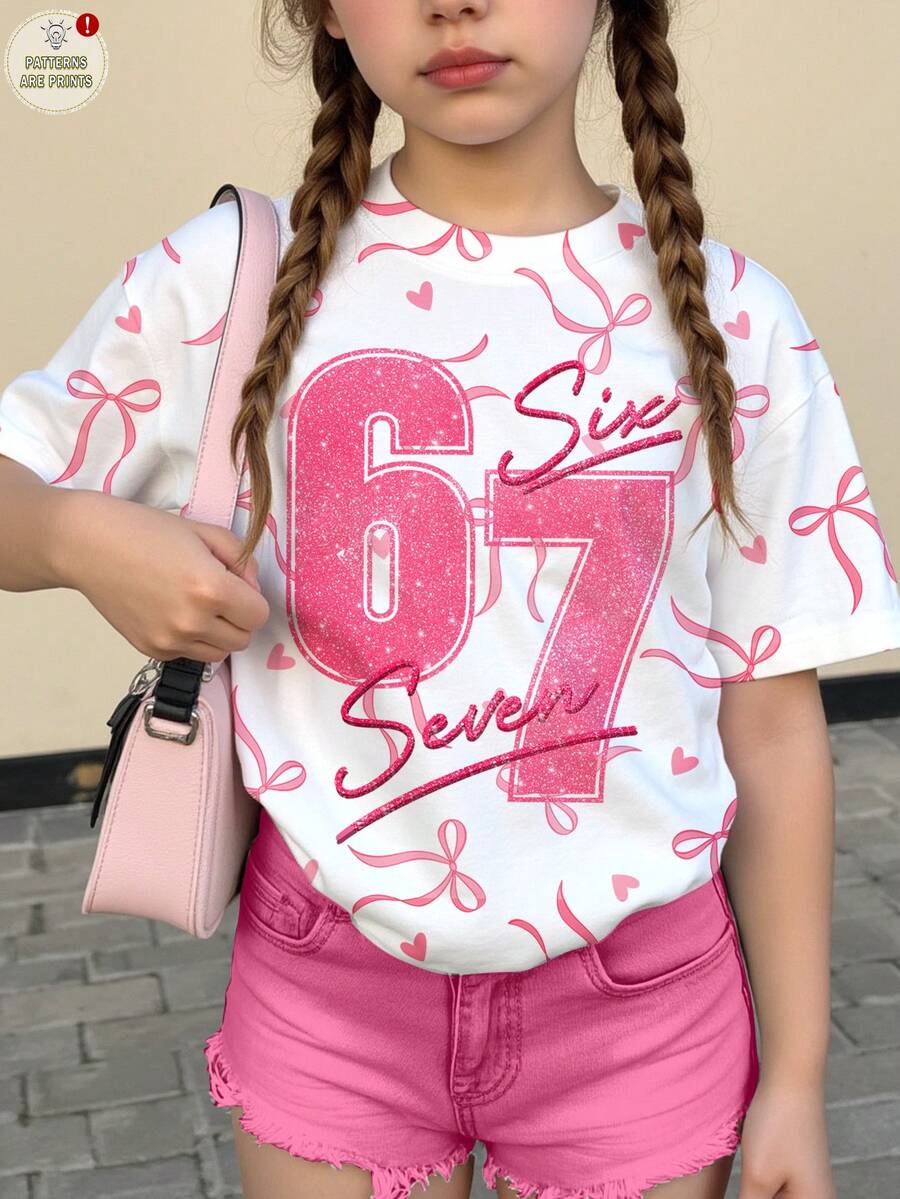 Áo thun nữ tuổi teen phong cách tối giản, in số 67 và nơ hồng, kiểu dáng ngọt ngào như giày ba lê, màu kem hồng, tay ngắn, cổ tròn, thích hợp cho mùa hè, áo thun in hình, áo đen, áo thun cổ tròn tay ngắn in hình phong cách thường ngày cho nữ tuổi teen, áo thun cho nữ tuổi teen, phong cách Y2K, áo kiểu, áo đen, quần áo Y2K, phong cách mới mùa thu, không khí nghỉ dưỡng, thoải mái, ngày lễ tình nhân, màu hồng, áo đi nghỉ mát, áo đính sequin, áo lấp lánh, áo lấp lánh, kỳ nghỉ - Nhiều màu - Xem 1