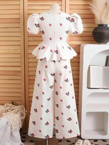 Bộ áo không tay in hoa và quần ống đứng cho bé gái tuổi teen, thanh lịch. - Màu be - Xem 2