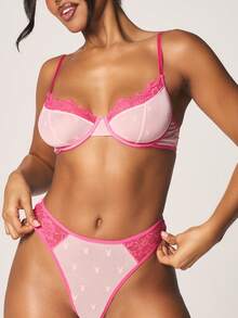 Missguided x Playboy Bộ áo ngực và quần lót lưới phối ren, có gọng nâng đỡ và kiểu dáng gợi cảm, thích hợp cho ngày Valentine. - Hồng - Xem 5