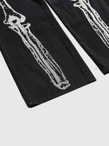 ROMWE Grunge Punk Y2K Retro Sexy Skull Print Low Waist Loose Wide Leg Jeans - Black - View 4