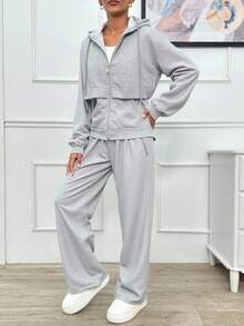 EURMUSE HAI MẢNH ÁO HOODIE HAI CHỈ ÁO THUN VÀ QUẦN LEN CÓ CHI TIẾT ĐÁ LẤP LÁNH - Màu Xám nhạt - Xem 5