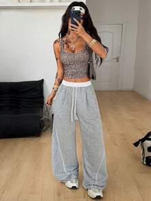 Coolane 女士夏季街头休闲运动必备单品法式灰弹力腰直筒裤