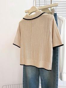 Franclia 休闲宽松Polo领短袖针织镂空衫，撞色滚边杏色女士春夏开衫，夏季上衣，女士夏季服装，度假装，女士休闲上衣，女士针织衫，米色女士上衣，翻领衬衫，复古服装，网眼衬衫，女士上衣和衬衫，工作服，女士办公室工作衬衫，女士衬衫，新款女士Polo衫，针织Polo衫，优雅针织上衣 - 杏色 - 查看 2