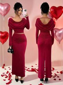 Elenzga Damen elegantes gestricktes Set mit Rüschenkragen Langarm Top + Rüschensaum Rock, geeignet für Bankette und Partys, Herbst/Winter - Bordeaux - Übersicht 1