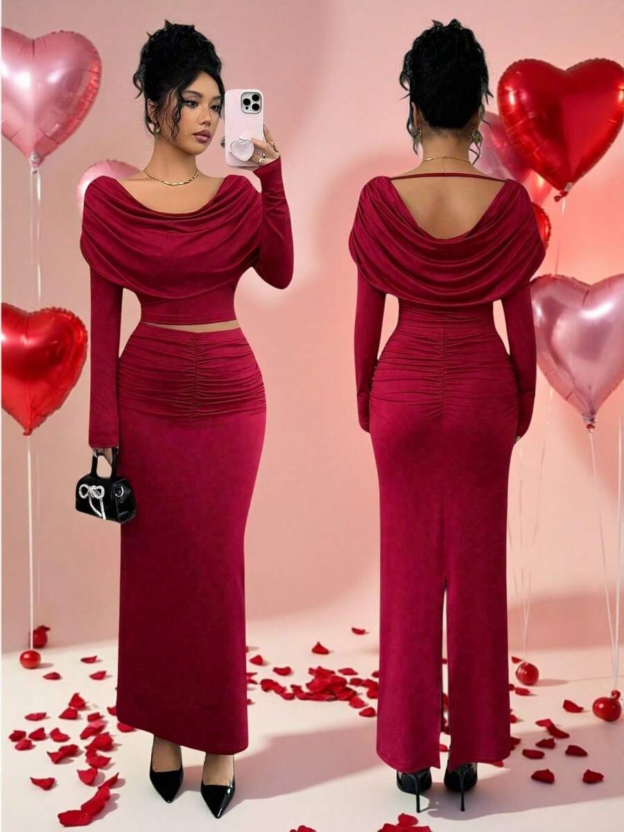 Elenzga Damen elegantes gestricktes Set mit Rüschenkragen Langarm Top + Rüschensaum Rock, geeignet für Bankette und Partys, Herbst/Winter - Bordeaux - Übersicht 1