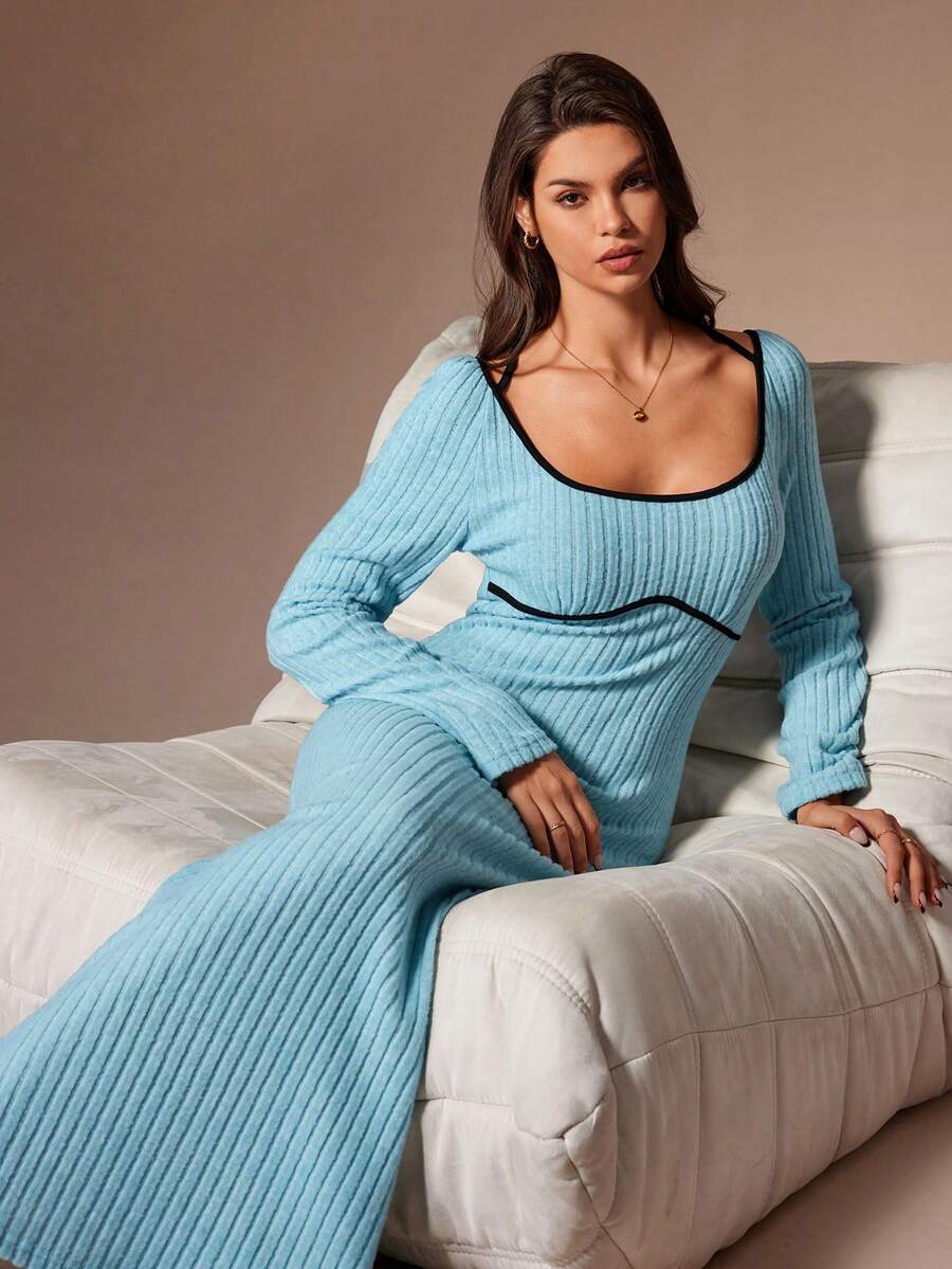 Lazeform Vestido Casual Feminino de Contraste de Cor com Decote Halter, Cruzado nas Costas e Sem Costas, Roupa de Estar em Casa da Moda Pode Ser Usado ao Ar Livre - Azul - Visão 1