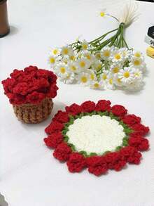 Joivida 1个手工钩织郁金香花束杯垫，带花篮隔热垫，独特创意桌面摆件，节日礼物，棉线防滑吸水，可爱花卉家居装饰，非常适合厨房、餐厅、办公桌、乔迁、生日礼物 - 彩色 - 查看 11