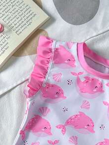 Cute Pink Whale & Shell Print Ruffle Trim Baby/Baby GirlSwimsuit Set Toddler Girl Swim Wear Under The Sea Bathing Suit Toddler Girl Baby Girl Rash Guard Swimsuit Swimwear For 2 Years Old Girl Toddler Rash Guard Girl Baby Ruffle Bathing Suit Toddler Girl Dolphin Swimsuit Ruffle Mermaid Bathing Suit Baby Ruffle Swim Toddler Girl Swimwear - Pink - View 8