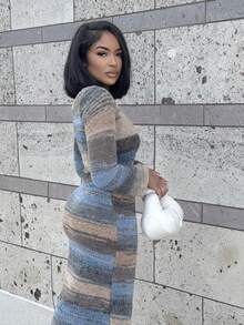 Alexandranx 女式新款秋冬百搭复古条纹针织紧身连衣裙，性感露背长袖修身长款针织连衣裙 - 紫色 - 查看 5