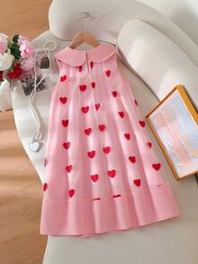 Đầm bé gái kiểu vintage thanh lịch, ngọt ngào, dễ thương, cổ Peter Pan, không tay, dáng chữ A, họa tiết trái tim, phối màu tương phản, thích hợp làm quà tặng ngày Valentine, sinh nhật, mùa xuân/hè. - Hồng - Xem 2