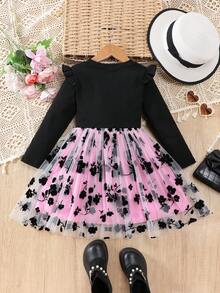 SHEIN Elladie kids 少女碎花网纱荷叶边收腰长袖连衣裙，时尚派对及假日风格，秋/春季 - 彩色 - 查看 2