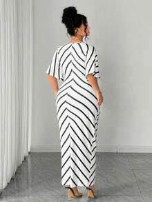 SHEIN Elenzya Fitted Plus Size Elegant Striped Long Dress For Women With V Neck Half Sleeve And Asymmetrical Wrap Detail - White - View 2