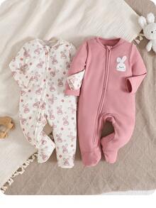 2件套新生女宝宝可爱卡通图案针织长袖连体睡衣套装 - 粉色 - 查看 1