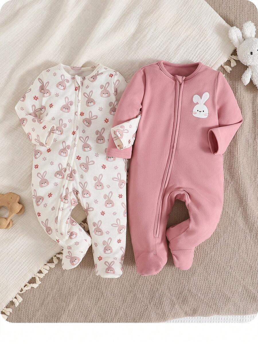 2件套新生女宝宝可爱卡通图案针织长袖连体睡衣套装 - 粉色 - 查看 1