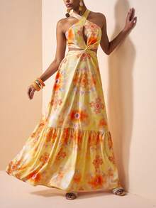 Zivah 2026春夏新款音乐节、复活节、圣帕特里克节、情人节、约会、西部风、游牧风、生日派对、毕业典礼、大学、学生、日常穿着、百搭基础款、休闲、度假、邮轮旅行、海滩、日光浴、爆款、街头风、婚礼宾客波西米亚风、通勤、早午餐、机场、派对、假日郊游、办公穿着、露背吊带镂空扎染印花黄色长裙 - 黃色 - 查看 4