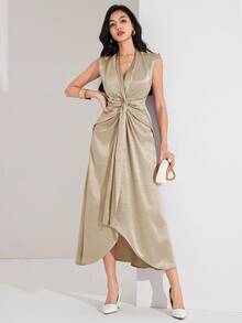 Heiryn Women's Elegant Solid Color Twist Knot Sleeveless Dress, Suitable For Commuting Satin Dress Silky Dress - Khaki - View 4