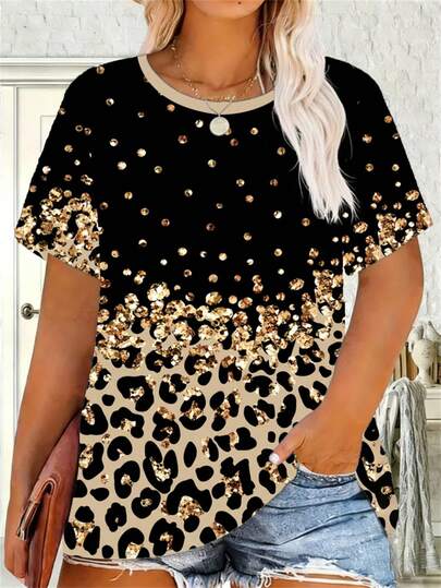 EMERY ROSE Plus Size Women Leopard Gradient Print Round Neck Short Sleeve T-Shirt, Spring/Summer