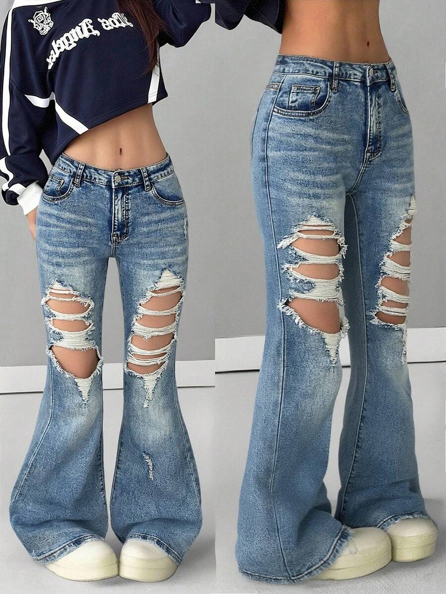 SHEIN 少女Y2K复古水洗蓝破洞弹力修身低腰喇叭牛仔裤,适合冬季、新年、圣诞节、除夕夜穿着,街头复古风,舒适百搭,适合上学、居家和旅行,贴袋宽松休闲百搭牛仔裤,感恩节 - 淺色水洗藍 - 查看 1