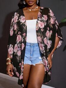 SHEIN CURVE+ Plus Size Women's Summer Beach Country Concert Women's Floral Kimono Hawaiian Shirt - Multicolor - View 4