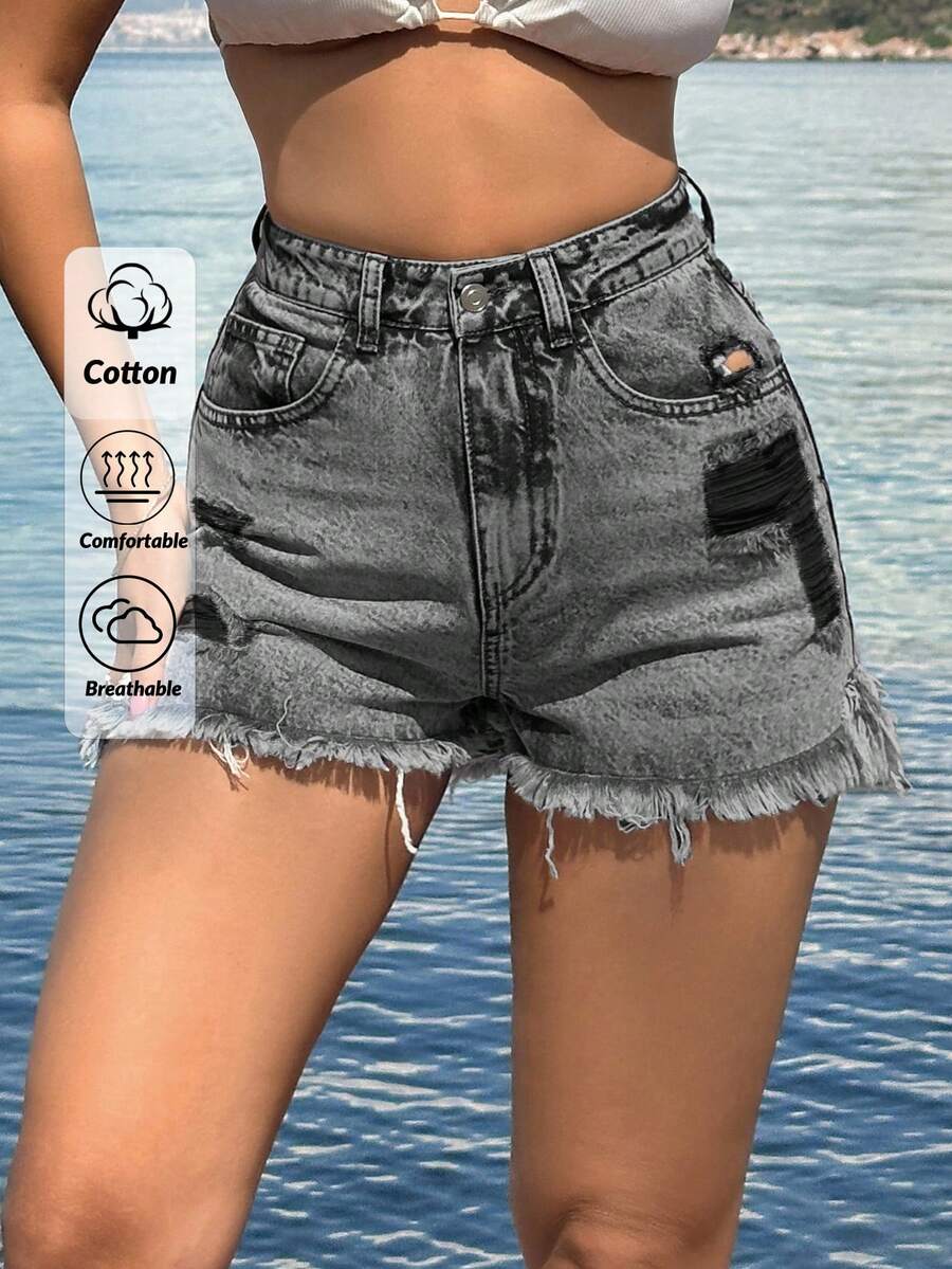 EURMUSE 100%Cotton Back Label Detailed Short With Destroy - Grey - View 1