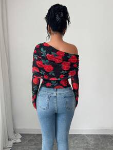 SHEIN Elenzya Élégant Top transparent à manches bouffantes avec imprimé floral, T-shirt pour femme pour la Saint-Valentin - Multicolore - Voir 2