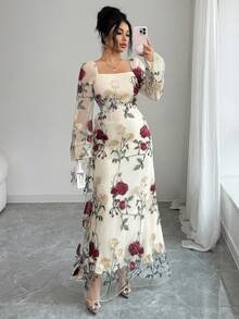 SHEIN Elenzya Đầm dài màu mơ phối lưới hoa hồng thanh lịch mùa xuân/hè mới dành cho nữ, đầm đi nghỉ mát, đầm đi biển thường ngày, thích hợp cho buổi hẹn hò ngày Valentine, tiệc tùng, gặp gỡ hàng ngày, đi chơi, đầm dự tiệc cưới. - Màu be - Xem 4