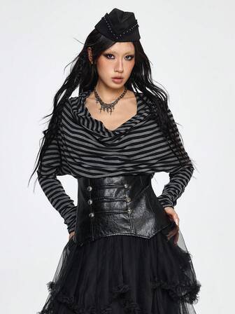 Grunge Punk Maglietta aderente a righe bianche e nere in stile nautico punk retrò, con colletto in PU