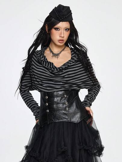 Grunge Punk Maritimer Punk Retro Schwarz & Grau gestreifter Patchwork PU Kragen Figurbetontes T-Shirt