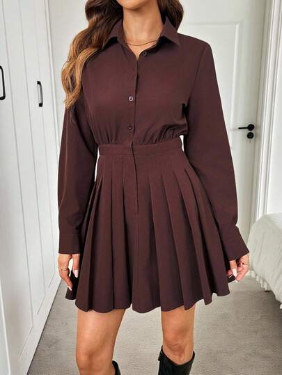 SHEIN LUNE Plus-Size Valentine Outfits For Women Summer Outfits For Women Women'S Autumn And Winter Coffee-Brown Dress With A Shirt Style And An Old-Fashioned Money Style, Featuring A Cinched Waist Design For Casual Outings Holiday Outfits For Women Dress Dark Brown Dress Long Sleeve Brown Dress Collared Dress Chocolate Brown Dress Elegant Dress Long Sleeve Collared Dress