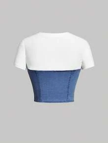 SHEIN MOD 女士白色针织拼接蓝色牛仔圆领短袖露脐上衣，夏季上衣，女士露脐上衣，度假女装，春季上衣，外出女装，夏季上衣，音乐会女装，节日女装，牛仔女装，伊比沙岛，女牛仔 - 中等水洗藍 - 查看 2