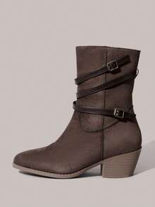 Styleloop 女士尖头搭扣设计休闲西部风格踝靴 - 棕色 - 查看 2