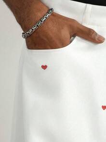 TOKVUE Men Wide Leg Pants,Valentine's Day Outfits, Valentine's Day Gifts,Heart Embroidery Pattern,Unisex Style,Boy Friend Gifts,A Must-Have For Back-To-School Season - White - View 4