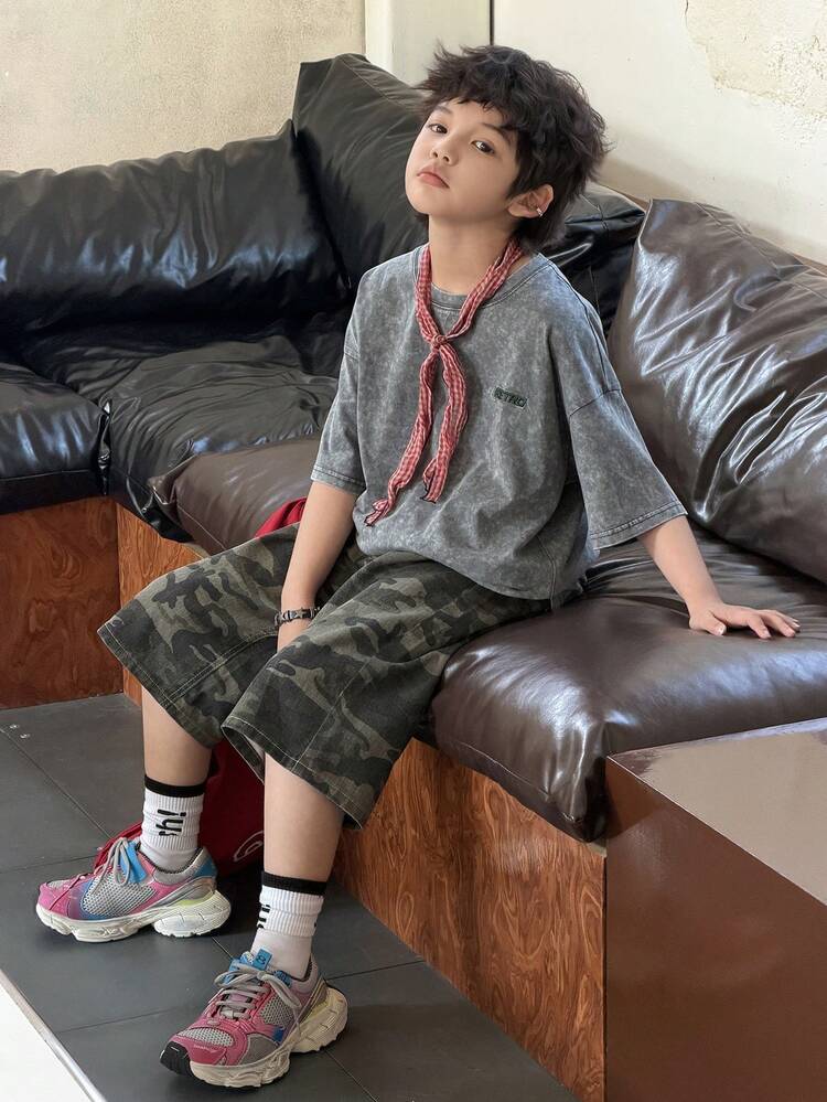 Tween Boy Camouflage Print Pocket Casual Wide Leg Jeans