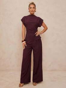 Lumalex Bộ đồ hai mảnh dành cho nữ, gồm áo ngắn tay xếp ly màu đỏ tía thanh lịch và quần ống rộng hai túi màu đỏ tía thanh lịch, thích hợp mặc hàng ngày vào mùa xuân/hè. - Màu tím - Xem 5