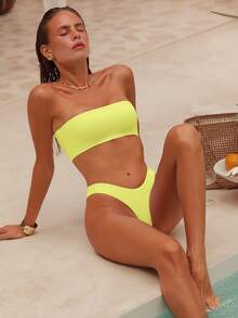 Swim Chiccia Bộ bikini gợi cảm không dây màu trơn dành cho nữ, thích hợp cho mùa hè đi biển. - Màu vàng - Xem 7
