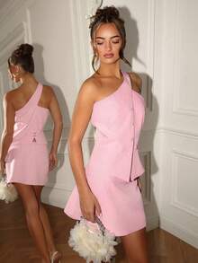 SHEIN Glamour Women's Pink Sleeveless Camisole With Lining Paired With Skirt, Women's 2 Pieces Suit, Women's Pink 2 Pieces Set, Women's Elegant Office Commute Versatile Date Vacation 2 Pieces Outfit - Pink - View 4