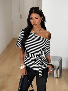 Coolane Áo thun nữ mùa hè, kiểu dáng thường ngày, kẻ sọc đen trắng, vạt áo bất đối xứng, vai lệch. - Đen và trắng - Xem 4