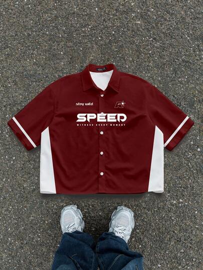 Manfinity ZONE917 Boxy Cropped Pioneer Sports Streetwear Oversized Maroon + White Contrast R Star Speed Graphic Print Short Sleeve Shirt, Gift For Boyfriend/Girlfriend, Collegiate Style