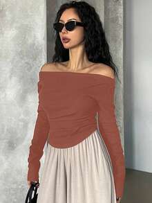 DAZY Women's Off Shoulder Solid Color Long Sleeve Curved Hem Simple Design T-Shirt - Orange - View 4