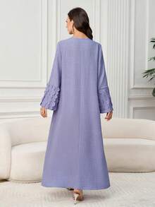 Al Najma Women's Solid Color Beaded Decor Round Neck Flare Sleeve Elegant Arabic Style Dress - Purple - View 3